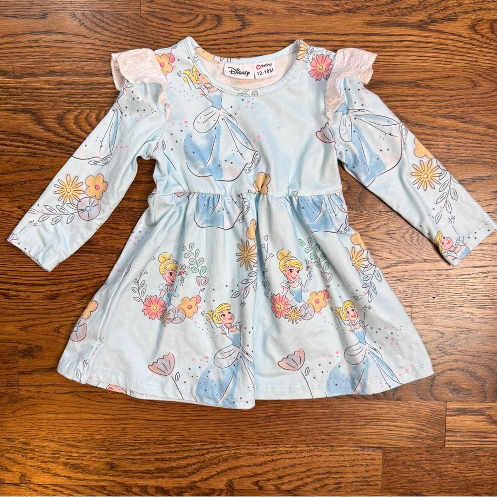 Disney Girls Light Blue Cinderella Print Eyelet Ruffle Long-Sleeve Dress 12-18 M